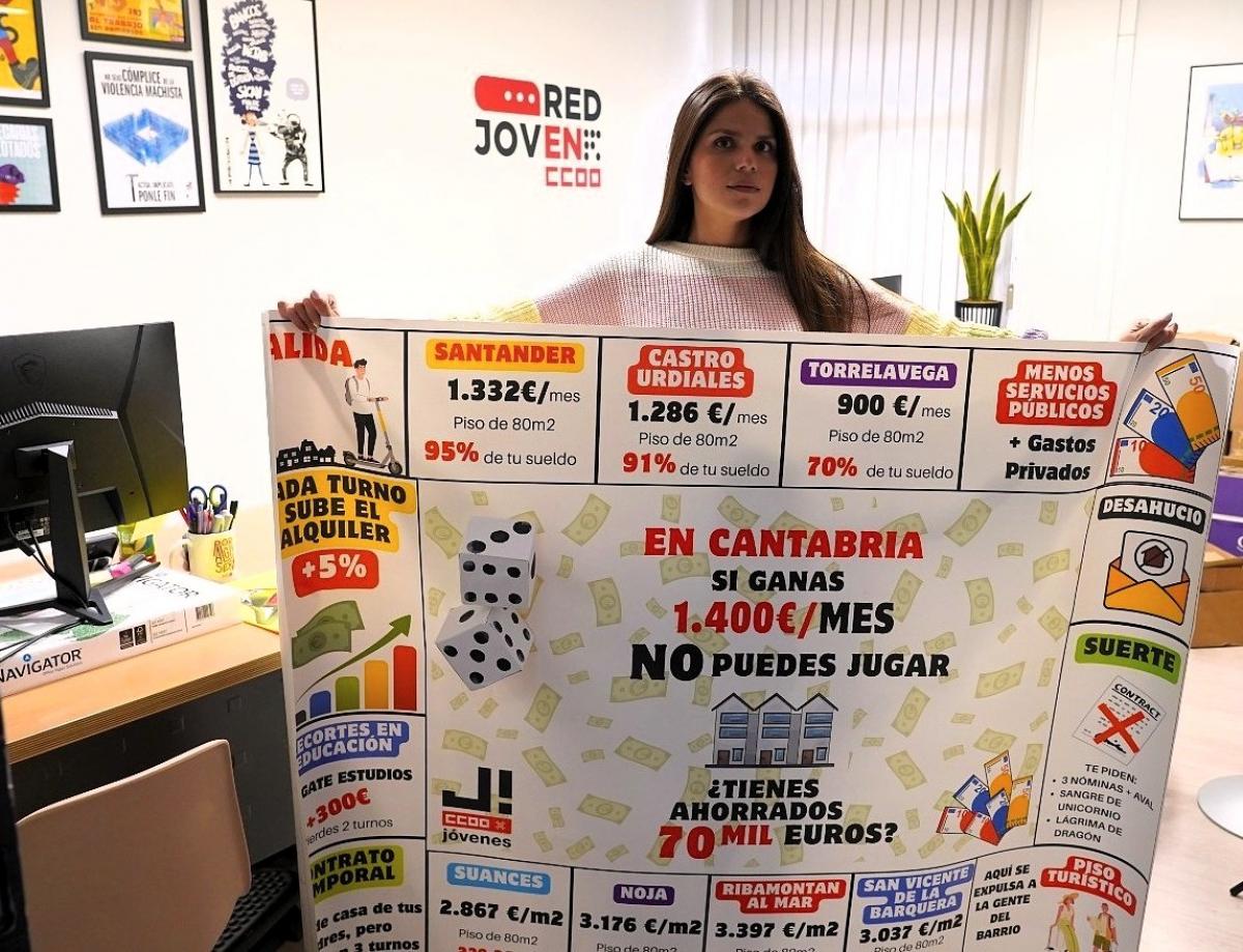 Andrea Garay, secretaria de Jóvenes, con la pancarta del Monopoly